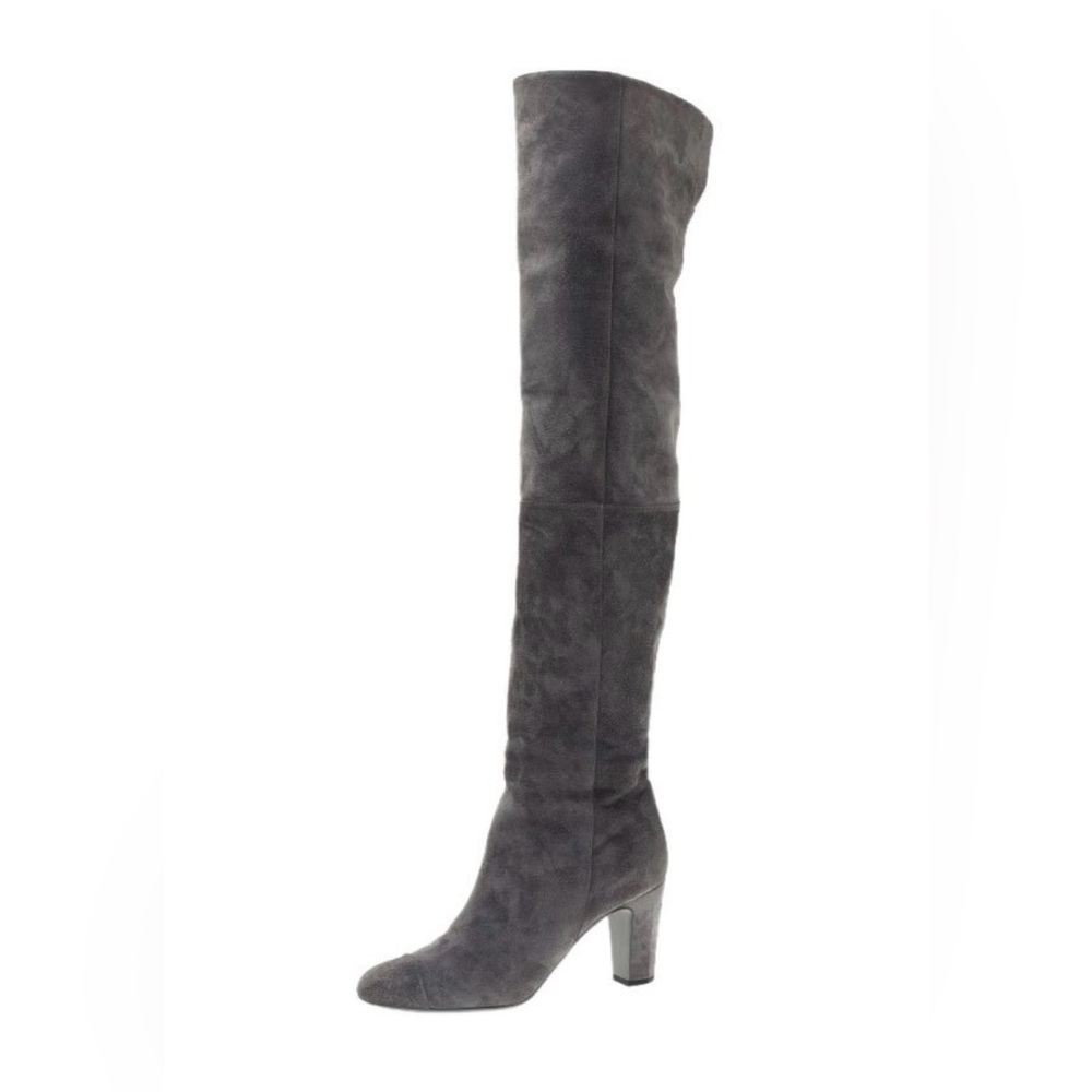 CHANEL by Karl Lagerfeld grey suede over knee cap toe heeled boots 39.5 - Picture 7 of 14